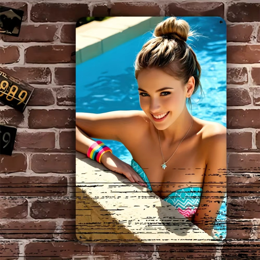 HELLOYOUNG Vintage Metall-Blechschild Lady Poolside, Retro Art-Deco Wanddekoration, Mehrfarbig, B: 20,3 cm, H: 30,5 cm - Bild 6