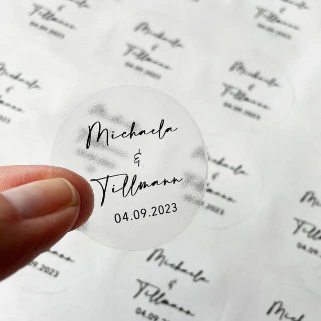 Personalisierte runde transparente Aufkleber in Schwarz für Hochzeiten, Partys und Geschenke - Bild 1