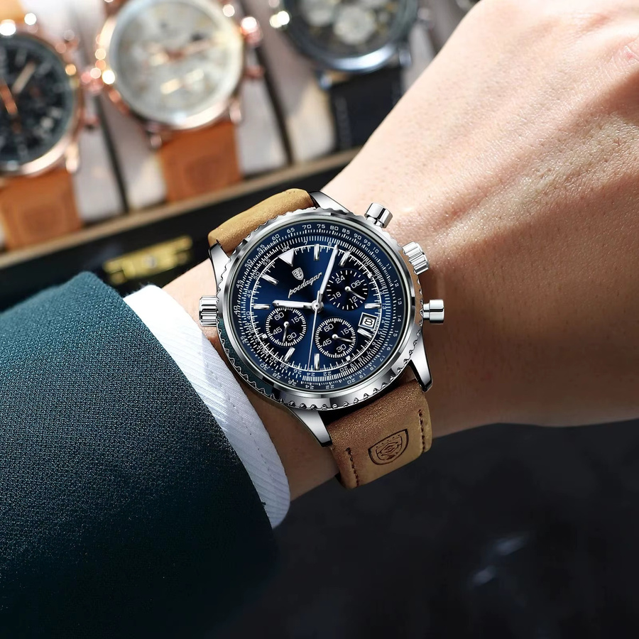 POEDAGAR Chronograph, Quarz, Leder, Blau, Herren - Bild 5