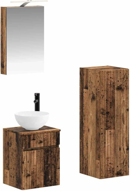 vidaXL Badezimmermöbel-Set 4-teilig aus Altholz und Glas in Braun mit LED-Beleuchtung und Spiegelschrank - Bild 1