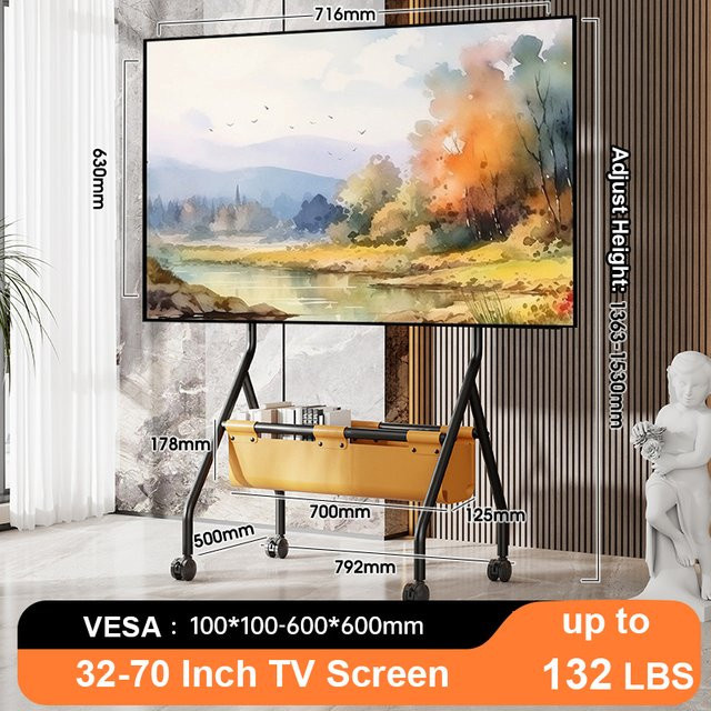 BEISHI Mobiler TV-Ständer mit Rollen und Holzablage für Fernseher von 32 bis 90 Zoll, Schwarz Matt - Bild 1