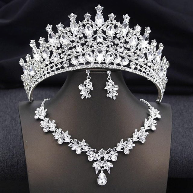 YIRAN Jewelry Schmuckset, Diadem, Halskette, Ohrringe, Messing, Kristall, Weiß, Damen - Bild 1