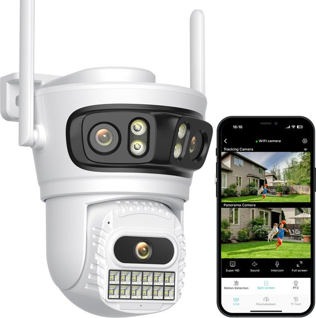 BESDER iCsee 6K 12MP HD Outdoor WiFi IP Kamera mit AI Menschlicher Erkennung, Wasserdichtes Dreifachobjektiv CCTV Video Security System, Weiß - Bild 1