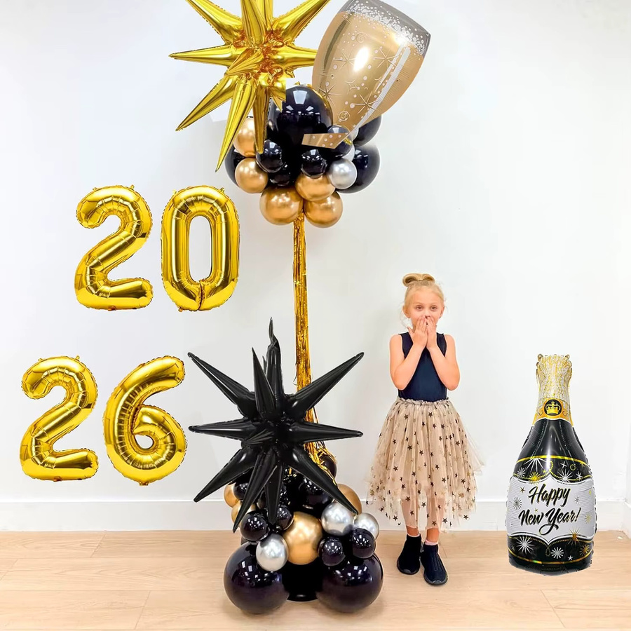 Silvester Party Set Gold mit Folienballons in Form von Weinflasche und Weinglas für das Jahr 2026 - Bild 3
