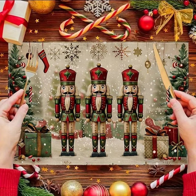 VIKAMA 4-teiliges Weihnachts-Tischset mit Nussknacker-Motiv in Rot, Grün und Gold - Bild 1