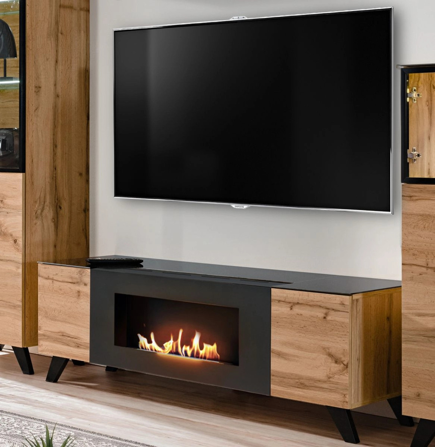 TV-Lowboard Heritage von Inn.Furn in Wotan Eiche und Schwarz mit integriertem Kamin, Breite: 150 cm, Tiefe: 46 cm, Höhe: 47 cm - Bild 1