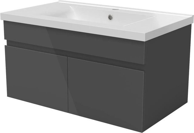 AICA Badmöbel BERGEN 2-teiliges Waschtisch-Set mit Keramik-Waschtisch und Unterschrank, Anthrazit Hochglanz, Grifflos, Softclose-Türen, Breite: 80 cm - Bild 1