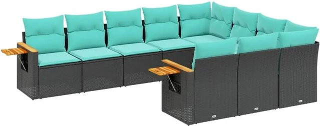 vidaXL 10-teilige Garten-Sofagarnitur aus Polyrattan mit Kissen in Schwarz, Blau und Türkis - Bild 1