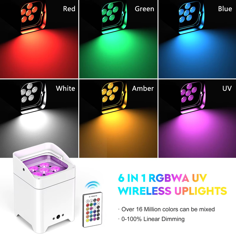 U'King 4er Set RGBWA+UV LED Par Licht mit Tasche, 6x18W DMX Bühnenlicht, kabelloses Farblicht mit wiederaufladbarem Akku, Farbe: Weiß - Bild 2