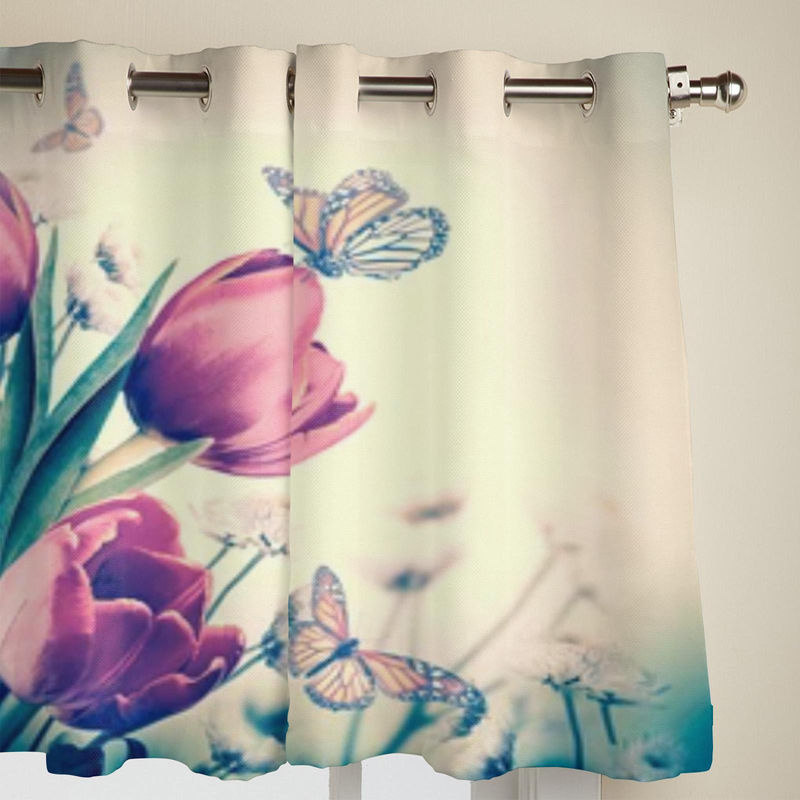 Super Six Fenstervorhang mit Blumenstrauß aus roten Tulpen und Schmetterlingen, modern und semi-transparent, Farbe: Weiß/Mehrfarbig, Breite: 135 cm, Höhe: 60 cm - Bild 3
