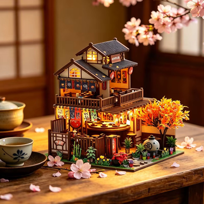 Zuuton Japanisches Sushi Restaurant, Miniatur Puppenhaus, 3D Holzpuzzle Modellbausatz, mit LED Licht, ab 14 Jahren - Bild 2