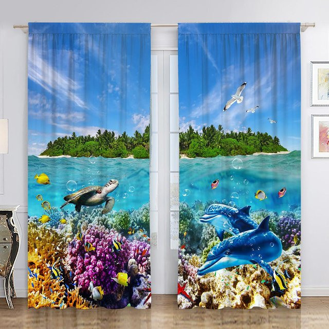 2er-Set Dekorative Vorhänge mit Delphin-Muster von Yiran Furniture in Blau, Breite: 100 cm, Höhe: 130 cm - Bild 1