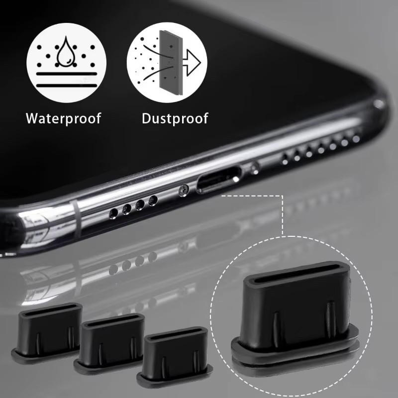 Silikon USB-C Staubschutz Kappen Set mit Reinigungsbürste in Schwarz für iPhone, Samsung, Xiaomi und Huawei - Bild 2