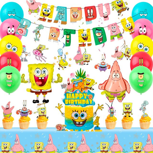 38-teiliges SpongeBob Party-Dekorationsset von Potdemiel in Mehrfarbig mit Banner, Tischdecke, Luftballons und Zubehör für Kindergeburtstage - Bild 1