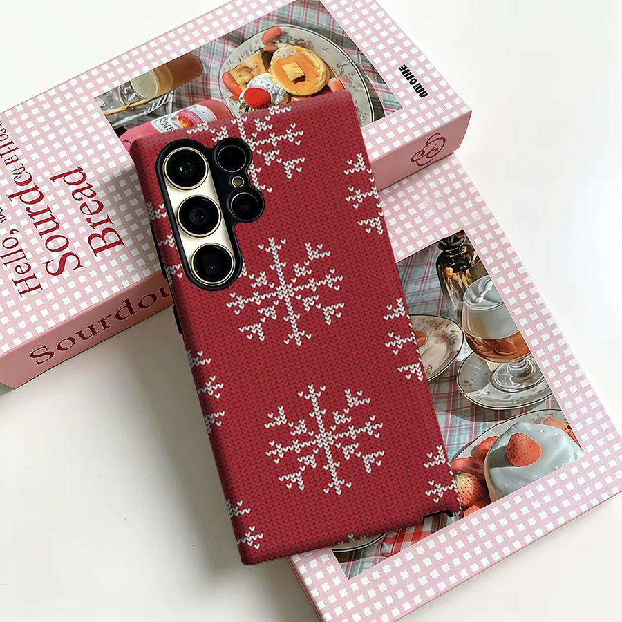 Stoßfeste Doppelschicht Handyhülle mit rotem Strick-Schneeflockenmuster für Samsung Galaxy S25 Ultra, S24 und S23 Ultra Plus - Bild 3
