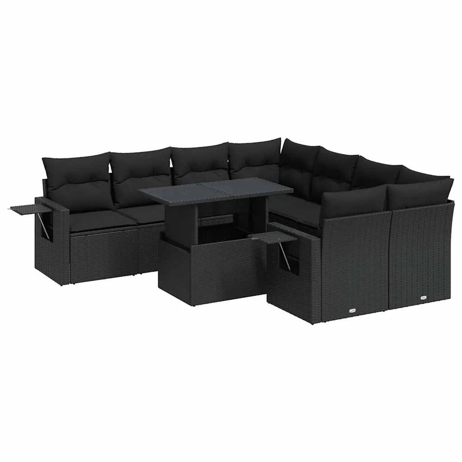 vidaXL 9-tlg. Garten-Sofagarnitur in U-Form aus schwarzem Poly-Rattan mit wetterfesten Kissen und pulverbeschichtetem Stahlgestell - Bild 2