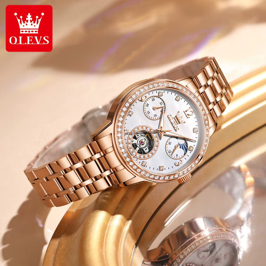 OLEVS Armbanduhr Automatik, Edelstahl, Roségold, Diamant, Mondphase, Damen - Bild 2