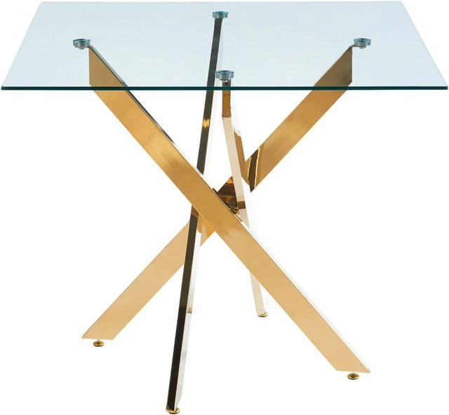 okwish Esstisch mit Glasplatte und Kreuzgestell in Goldfarben, B/T/H: 80 x 80 x 75 cm - Bild 1