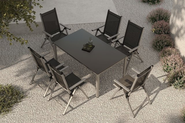 Kettler BasicPlus Pro Garten-Essgruppe aus Aluminium und Textilene in Silber/Anthrazit mit Tisch und 6 Klappstühlen, Tisch B: 160 cm, T: 95 cm - Bild 1