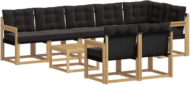 vidaXL Outdoor-Sofagarnitur 9-tlg. in L-Form mit Kissen und Couchtisch, Akazienholz und Textilene, Weiß und Schwarz - Bild 1