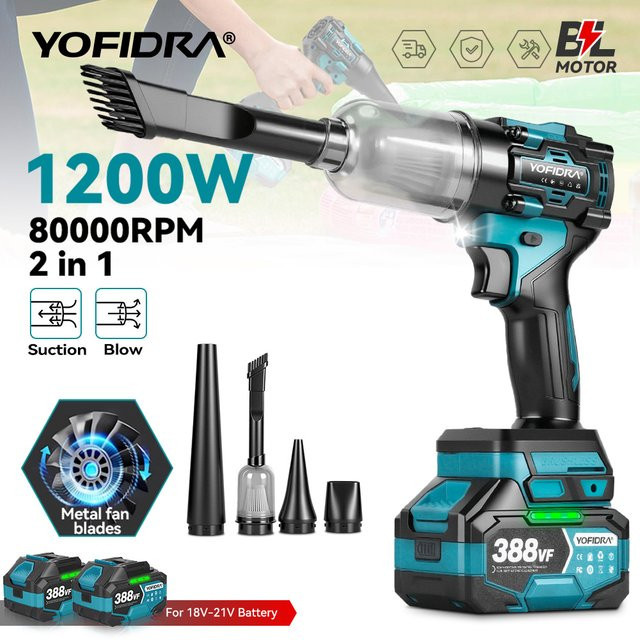 YOFIDRA 2-in-1 Turbogebläse und Staubsauger mit bürstenlosem Motor, 1000Pa Laubblasgerät für Makita LXT 18V Akku - Bild 1