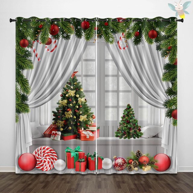 2er-Set Weihnachtsvorhänge aus Polyester für Küche, Bad und Wohnzimmer, Mehrfarbig, B: 140 cm, H: 160 cm - Bild 1