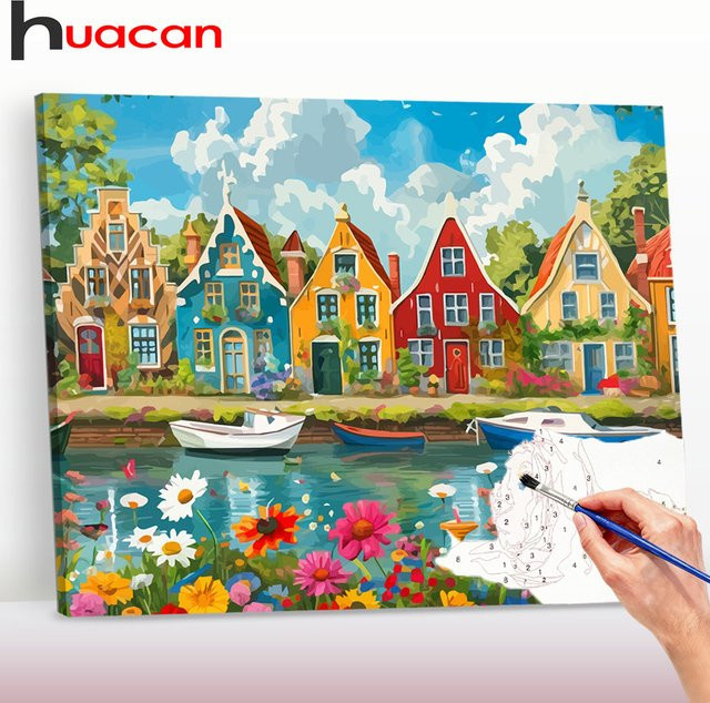 Huacan Malen nach Zahlen Set Frühlingshaus am Fluss auf Leinwand als DIY Landschaftsmalerei zur Heimdekoration - Bild 1