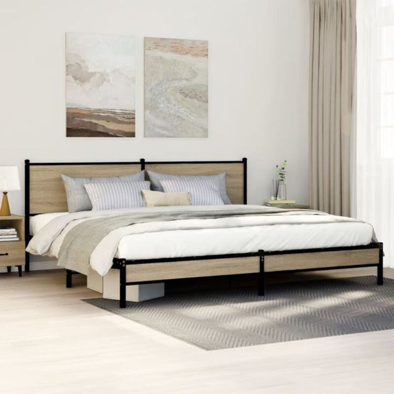 Metallbett Vidaxl in Sonoma-Eiche Natur und Braun im Industrial-Stil, B/T/H: 193 x 203 cm - Bild 1