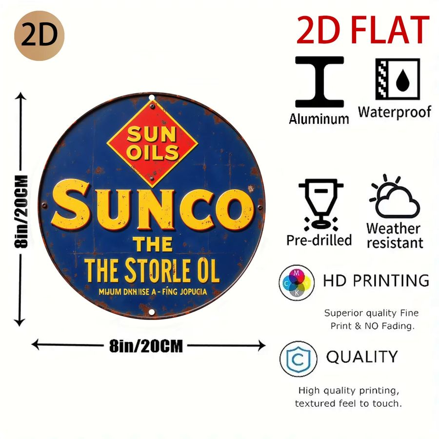Potdemiel Blechschild Sunoco-Öl mit Flugzeug-Motiv, kreisförmige Wandkunst im Vintage-Look für Garage oder Café, Durchmesser: 20 cm - Bild 2