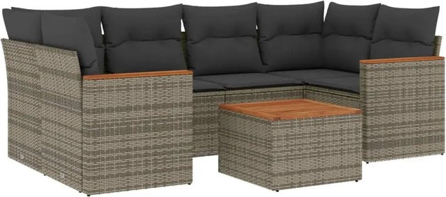 vidaXL 7-teilige Garten-Sofagarnitur aus Poly-Rattan und Akazienholz in Grau mit Kissen - Bild 1