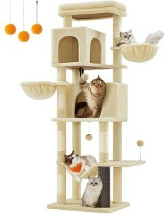 FEANDREA Kratzbaum mehrstöckig in Beige mit Höhlen, Hängematte und integriertem Spielzeug - Bild 1