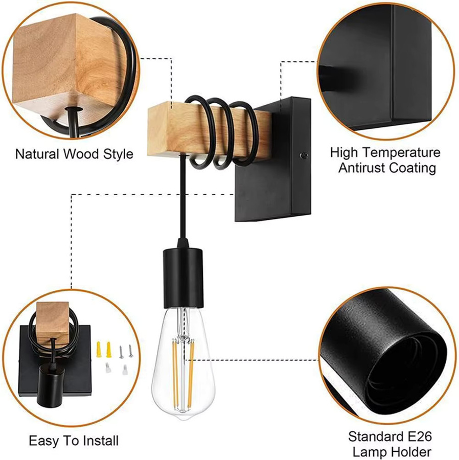 OSABO Retro Holz LED Wandleuchte E27 in Schwarz für Wohnzimmer und Badezimmer - Bild 2