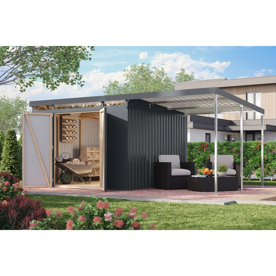 Karibu Metallgerätehaus Neos 3,5 mit Anbaudach und Oberlicht in Anthrazit - Bild 2