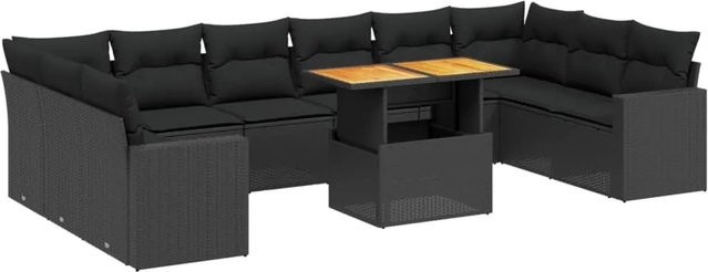 vidaXL 11-teilige Garten-Sofagarnitur in L-Form aus Polyrattan und Akazienholz mit Kissen, Schwarz - Bild 1