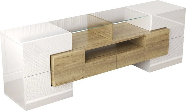 okwish TV Schrank mit LED Beleuchtung und Glas Oberfläche in Natur, B/T/H: 145 x 30 x 51 cm - Bild 1