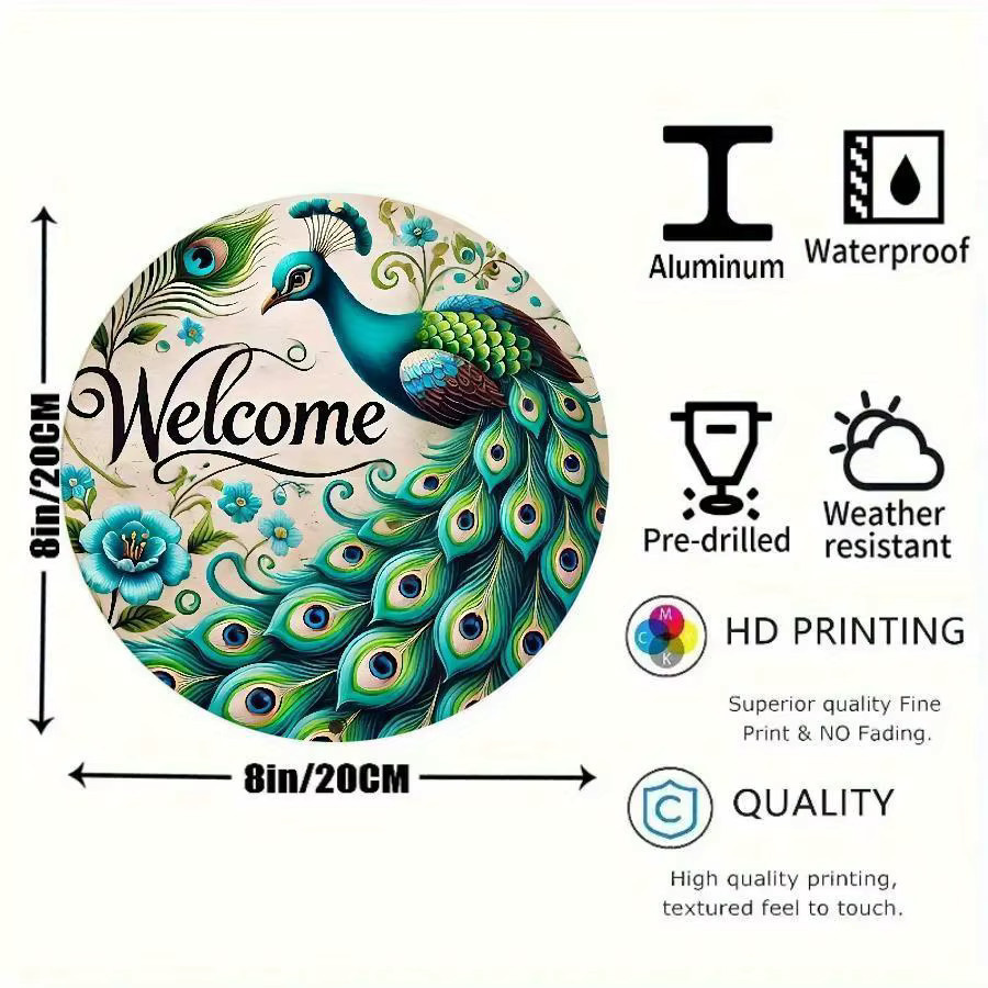 Potdemiel Peacock Welcome Sign 2D Flat Aluminium-Wandkunst mit blauem und grünem Feder-Design, B/H: 20,32 x 20,32 cm - Bild 3