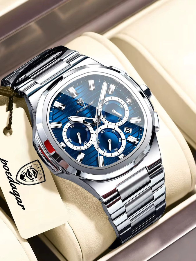 POEDAGAR Armbanduhr, Chronograph, Quarz, Edelstahl, Blau, Herren - Bild 7