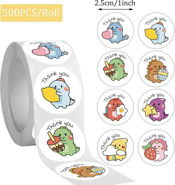 500 Stück Dankeschön-Aufkleber mit Cartoon-Dinosaurier Motiv, bunte Verpackungsetiketten aus Papier, Durchmesser: 2,5 cm - Bild 1