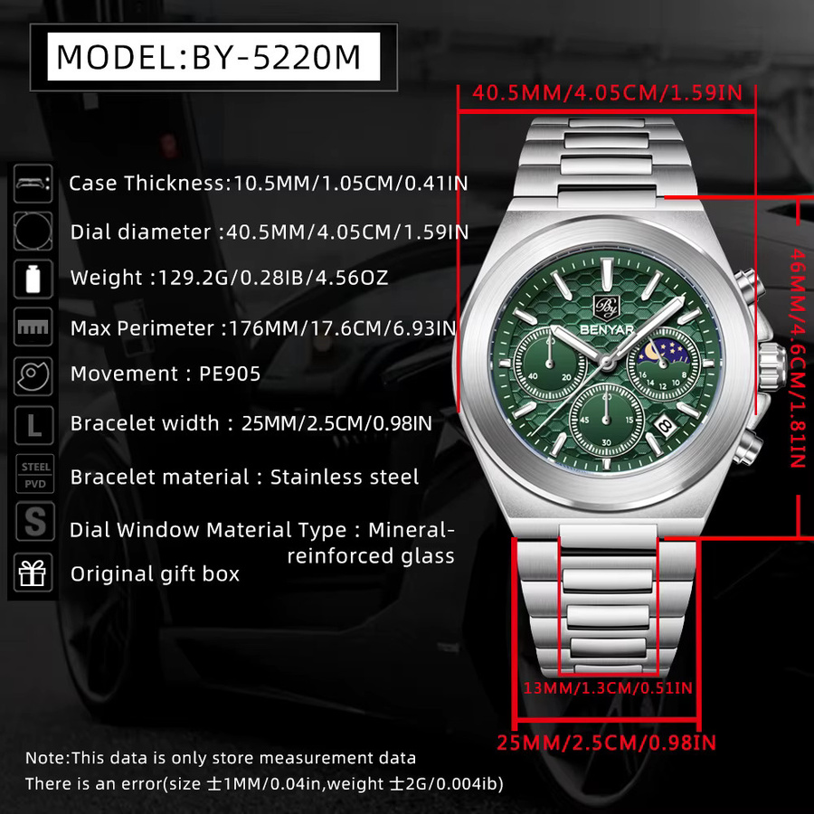 BENYAR Chronograph, Quarz, Edelstahl, Schwarz, Herren - Bild 6
