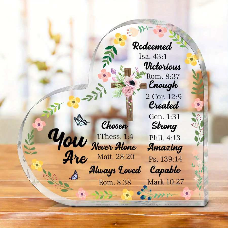 CIFBUY Herz-Acryl-Plakette in Weiß mit floralem Blumendesign und inspirierendem Bibelvers als Tischdekoration - Bild 2