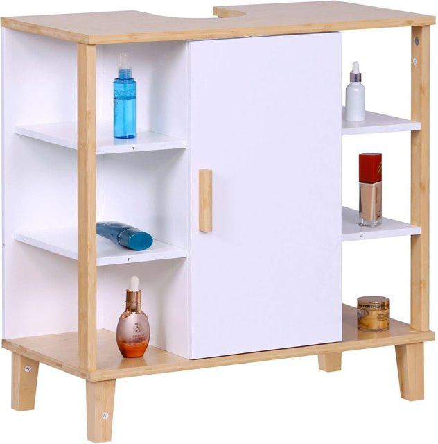 Relaxdays Waschbeckenunterschrank aus MDF und Bambus in Weiß und Natur mit Türfach und Ablagen, B/T/H: 65 x 31 x 64 cm - Bild 1
