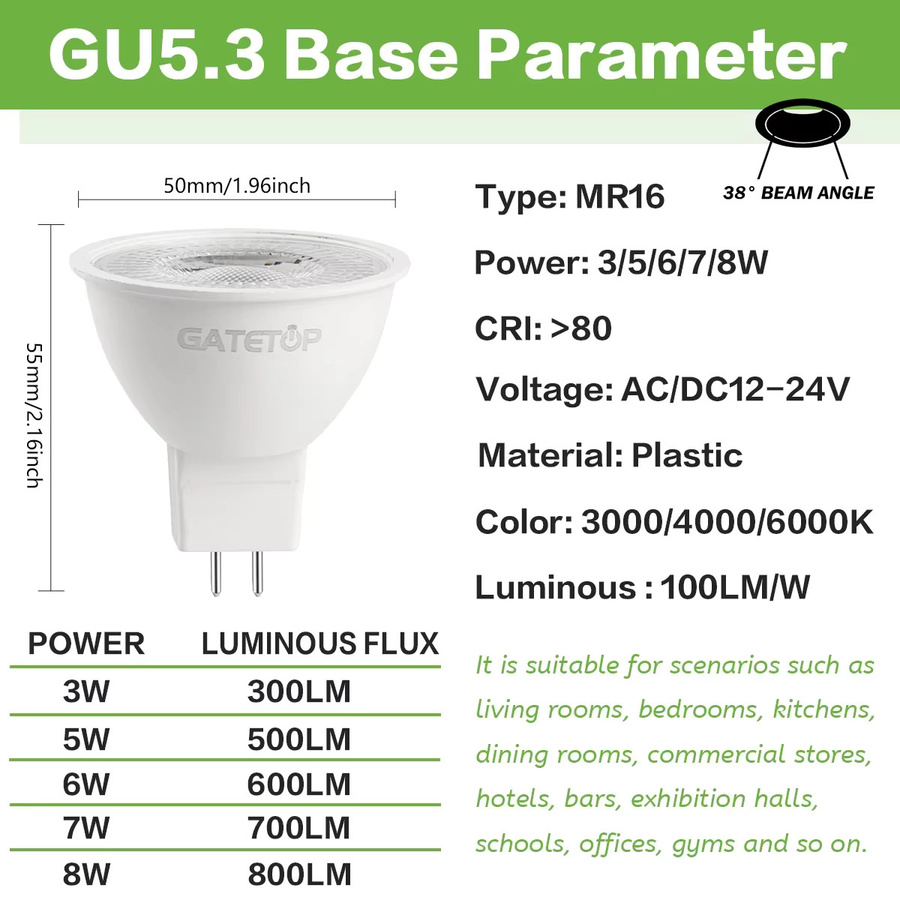 Gatetop MR16 LED Scheinwerfer Lampe GU5.3 mit 38 Grad Abstrahlwinkel, Cool White, 12V AC/DC, flimmerfrei als Halogen Ersatz - Bild 2