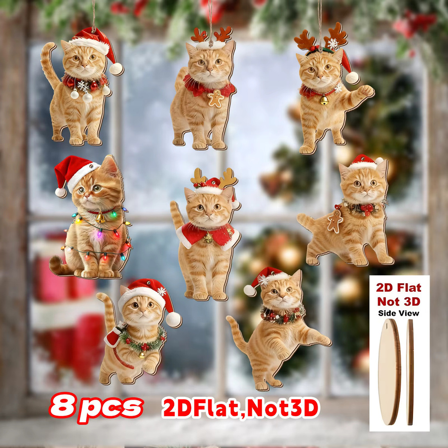 8 Stück DUTRIEUX Weihnachts-Holzornamente in Form von orangefarbenen Katzen, 2D flach im klassischen Stil - Bild 2