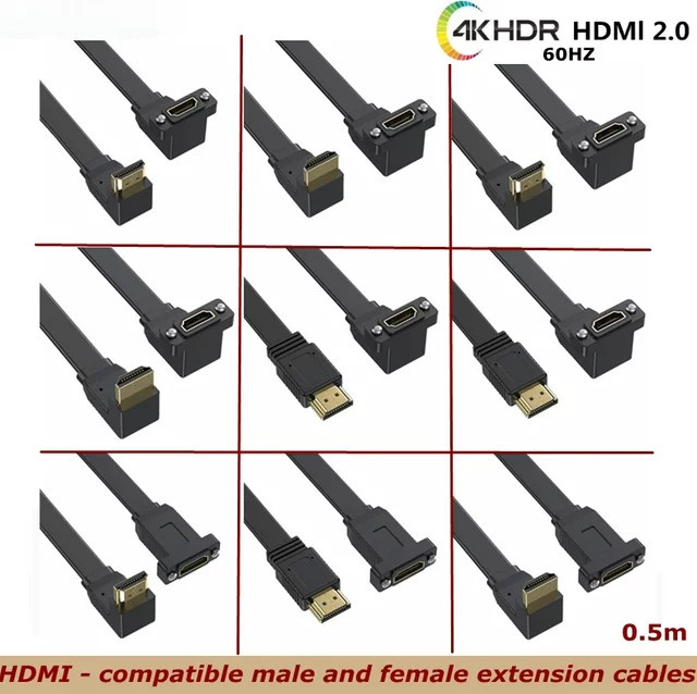 MACDOT HDMI 2.0 Verlängerungskabel in Schwarz, 0,5 m, 90 Grad flacher Stecker und Buchse, Hochgeschwindigkeit 4K 60 Hz mit Panel-Installation für Schraubenloch-Montage - Bild 1