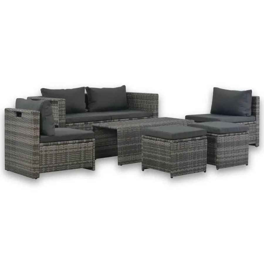 vidaXL 6-tlg Garten-Lounge-Set aus Poly Rattan in Grau mit Polstern und pulverbeschichtetem Stahlgestell - Bild 2