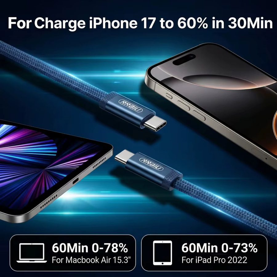 NNBILI PD 60W Flaches Dual-USB-C-Datenkabel in Blau, USB-C-auf-USB-C-Ladekabel mit 3A Schnellladefunktion für iPhone 17 Pro, Samsung S26 und MacBook - Bild 2