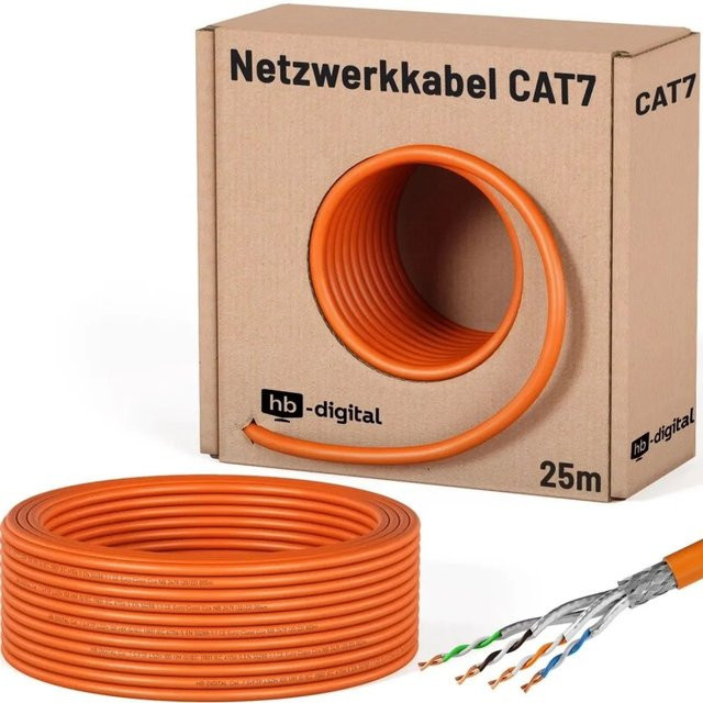 hb-digital CAT 7 Netzwerkkabel Ethernet/LAN S/FTP AWG23 LSZH Orange, 25 m - Bild 1