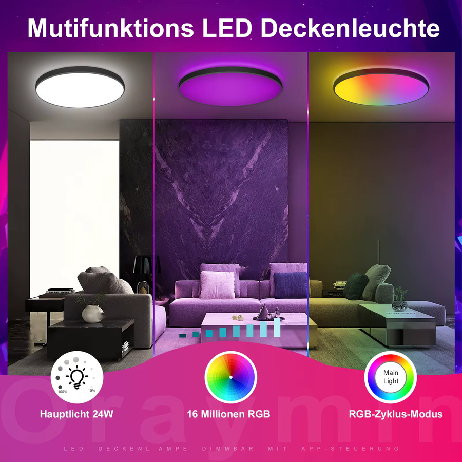 Oeegoo 24-W-LED-Deckenleuchte mit Fernbedienung und App-Steuerung, 2400 lm, RGB-Farben, Weiß, Durchmesser: 30 cm - Bild 2
