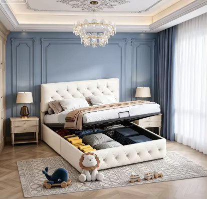 Polsterbett mit Stauraum und LED-Beleuchtung in Beige, B/T/H: 140 x 200 cm - Bild 3