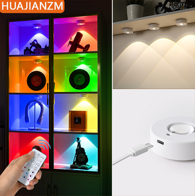 HUAJIANZM RGB LED Nachtlicht mit Fernbedienung, wiederaufladbare drahtlose Schrankleuchte in Multicolour für dekorative Effekte - Bild 1